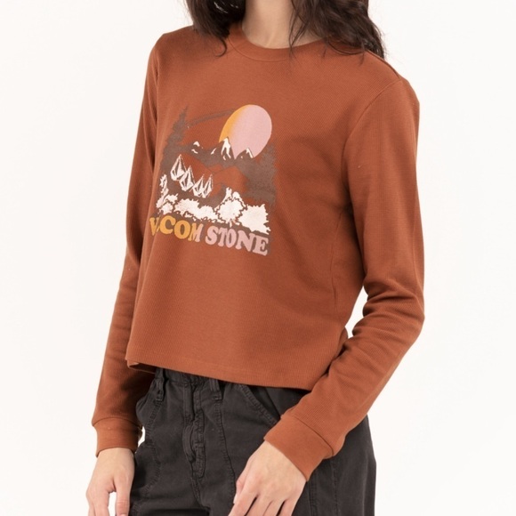 NWT Volcom Stone Thermality Long Sleeve Thermal Knit Graphic Top Dark Clay - Picture 5 of 10